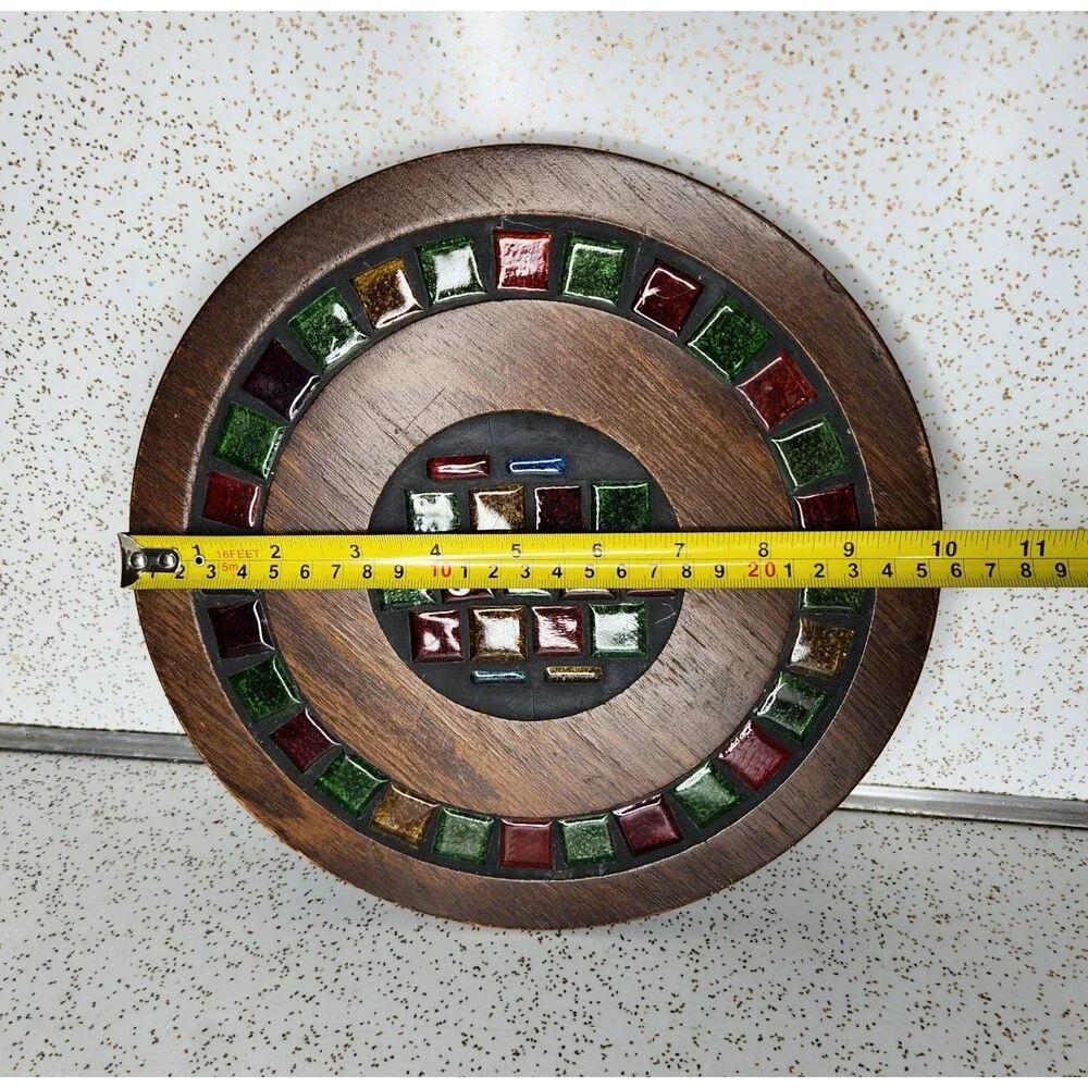 Vintage Stained Glass Encased in Wood Mosaic Plate Trivet 10” Great Vivid Colors